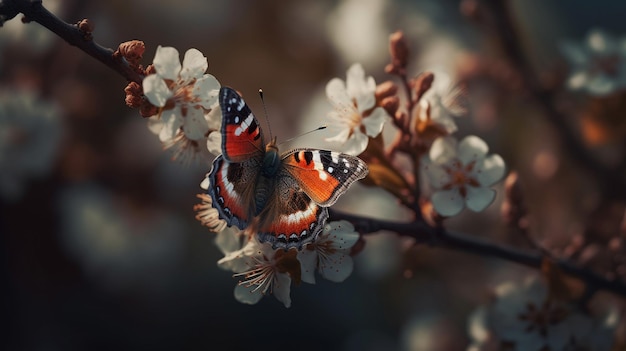 Ein Schmetterling sitzt auf einem Ast mit Blumen im Hintergrundgenerative ai
