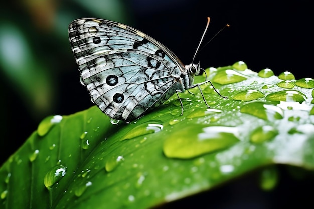 Ein Schmetterling sitzt auf einem Blatt mit Regentropfen