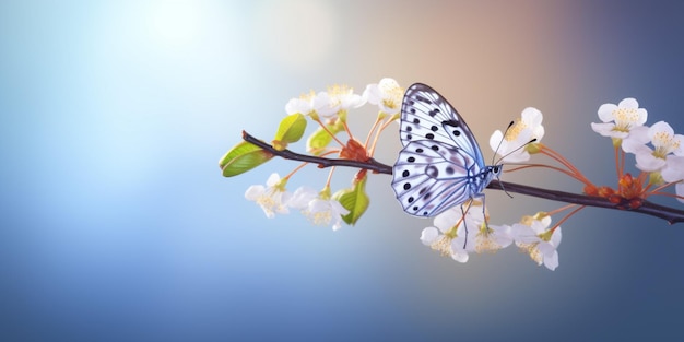 Ein Schmetterling sitzt auf einem Zweig eines Kirschblütenbaums mit weißen Blüten.