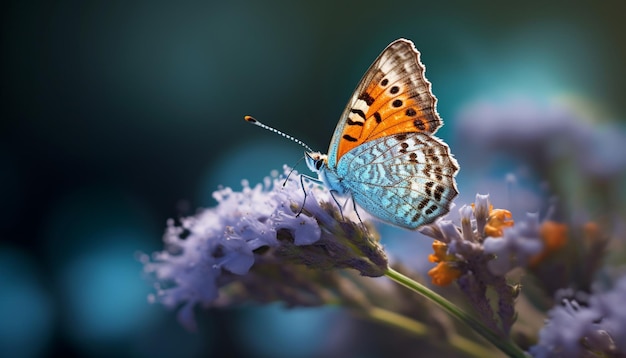 Ein Schmetterling sitzt auf einer Blume mit blauem Hintergrund.