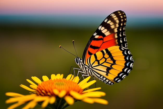 Ein Schmetterling sitzt auf einer Blume und die Sonne geht unter.