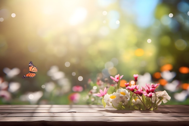 Ein Schmetterling sitzt auf einer Holzterrasse mit Blumen im Hintergrund.