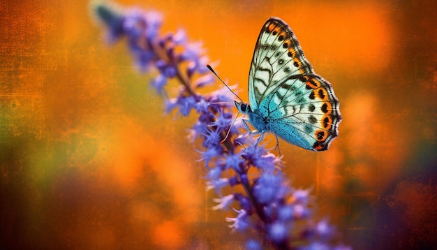Ein Schmetterling sitzt auf einer lila Blume mit dem Wort Schmetterling darauf.