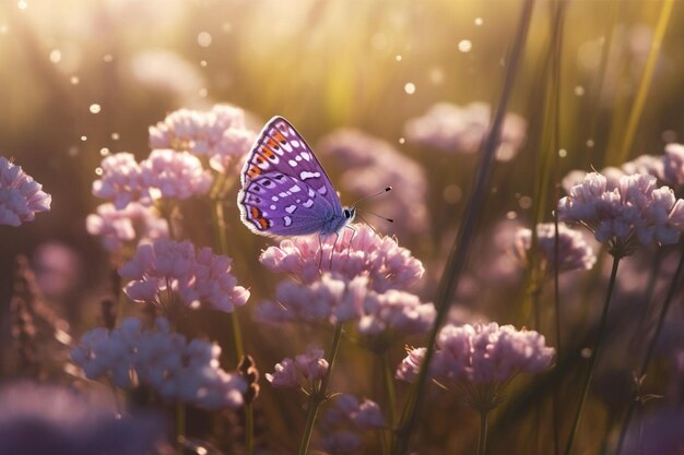 Ein Schmetterling sitzt auf einer rosa Blume im Sonnenlicht.