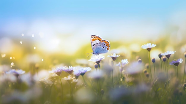 Ein Schmetterling sitzt im Sonnenlicht auf einer Blumenwiese.