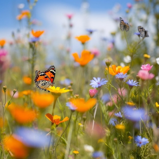 Foto ein schmetterling sitzt in einem blumenfeld mit einem blauen himmel im hintergrund.