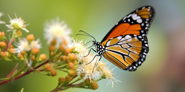 Ein Schmetterling sitzt mit ausgebreiteten Flügeln auf einer Blume.