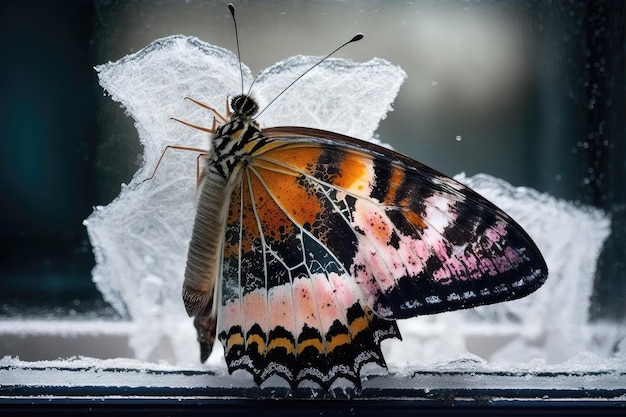 Ein Schmetterling thront auf einer frostigen Fensterscheibe