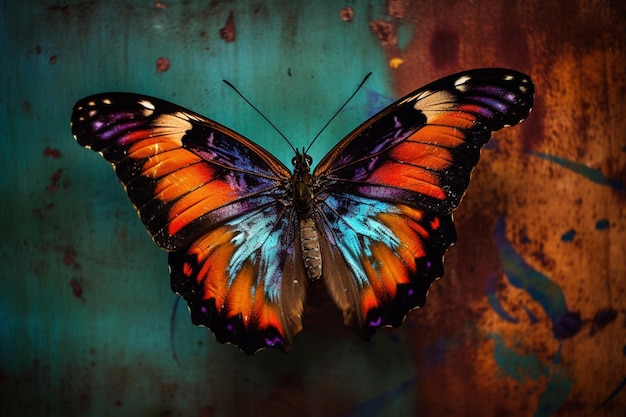 Ein Schmetterling vor einem farbigen Hintergrund