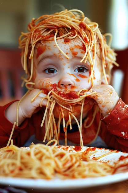 Ein schmutziges Kind isst Spaghetti Selektiver Fokus