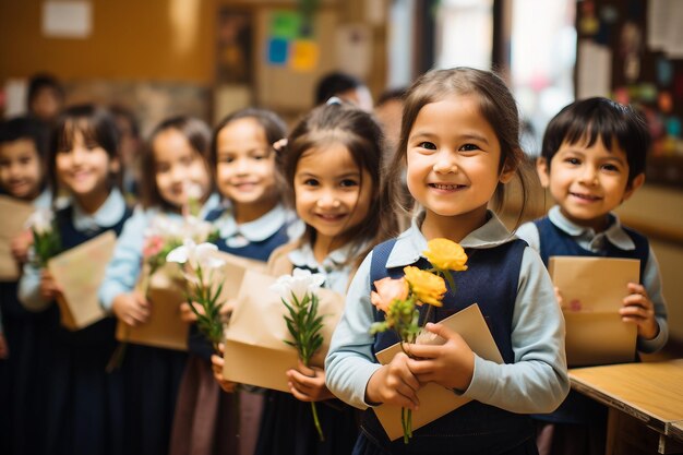 Ein Schnappschuss von jungen Gelehrten, ein Bild von Unschuld, die Schuluniformen tragen und schöne Blumen halten.