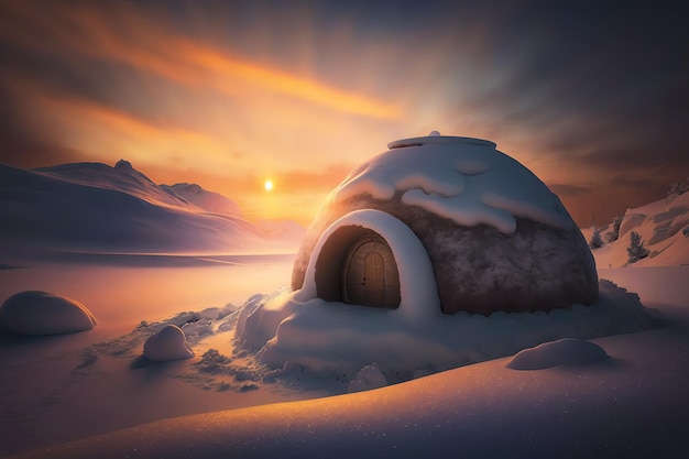 Ein Schnee-Iglu, hinter dem die Sonne untergeht