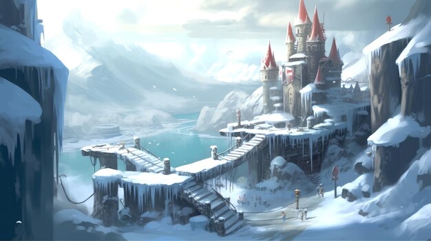 Ein schneebedeckter Berg mit einem Schloss generativ ai
