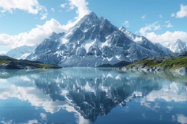 Ein schneebedeckter Berg spiegelt sich in einem kristallklaren Licht wider