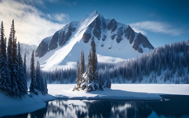 Ein schneebedeckter Berg spiegelt sich in einem See mit einem schneebedeckten Berg im Hintergrund