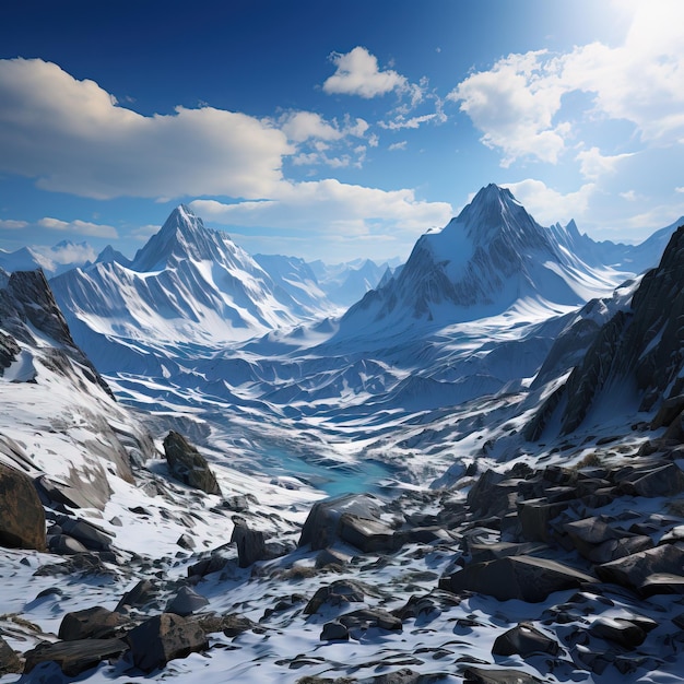 Ein schneebedeckter Berg und ein blauer Himmel mit Wolken