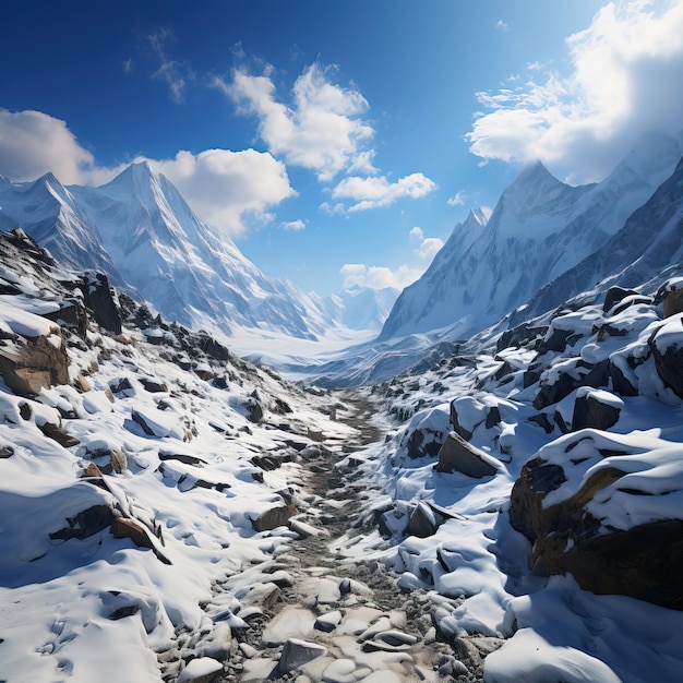 Ein schneebedeckter Berg und ein blauer Himmel mit Wolken