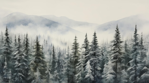 Ein schneebedeckter immergrüner Wald unter einem bewölkten Himmel, der die Einfachheit und die einfarbige Schönheit von Winterlandschaften erfasst.