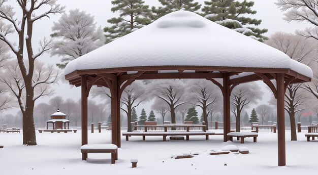 Ein schneebedeckter Pavillon in einem ruhigen Park