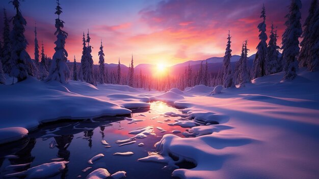 Ein schneebedeckter Wald ist im Sonnenuntergang im Stil von faszinierenden Farben, Landschaften und Leuchtkraft zu sehen.