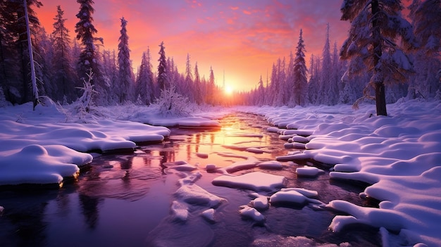 Ein schneebedeckter Wald ist im Sonnenuntergang im Stil von faszinierenden Farben, Landschaften und Leuchtkraft zu sehen.