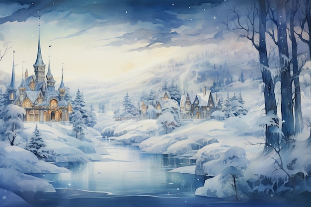 Ein schneebedecktes Aquarell-Jahreszeiten-Dorf