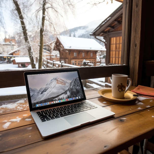 Ein schneebedecktes Schweizer Chalet, ein Laptop auf einem Holztisch neben einem Milchglasfenster