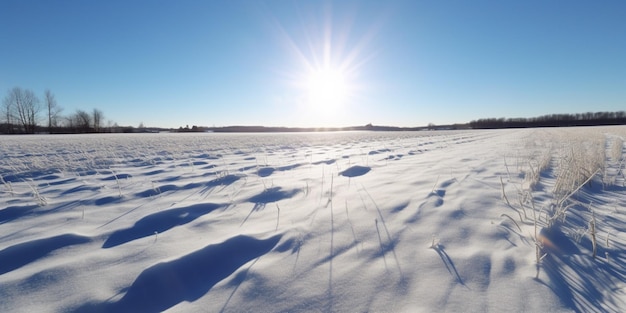 Ein Schneefeld mit blauem Himmel und einer Sonne, die am Horizont scheint.