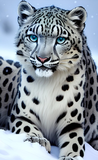 Ein Schneeleopard mit blauen Augen sitzt im Schnee.