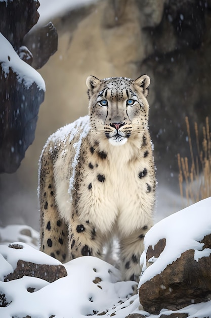 Ein Schneeleopard mit blauen Augen steht im Schnee.