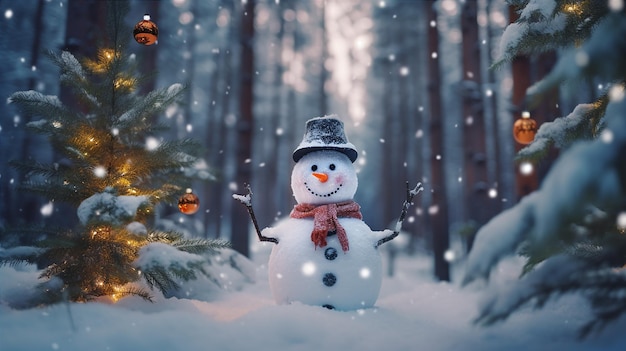 Ein Schneemann in einem verschneiten Wald mit einem Weihnachtsbaum im Hintergrund.