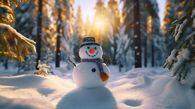 Ein Schneemann in einem verschneiten Wald mit verschneitem Hintergrund