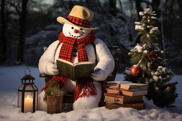Ein Schneemann liest ein Buch mit einem Buch in seinen Händen.
