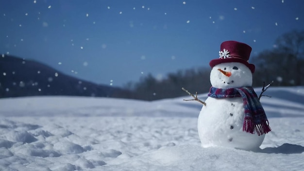 ein Schneemann mit einem roten Hut und einem lila Hut
