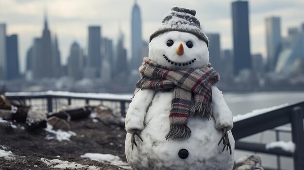 ein Schneemann mit Schal und Hut