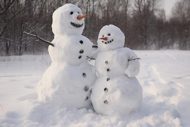 Ein Schneemann mit schwarzer Nase und einem weißen Schneemann im Hintergrund.