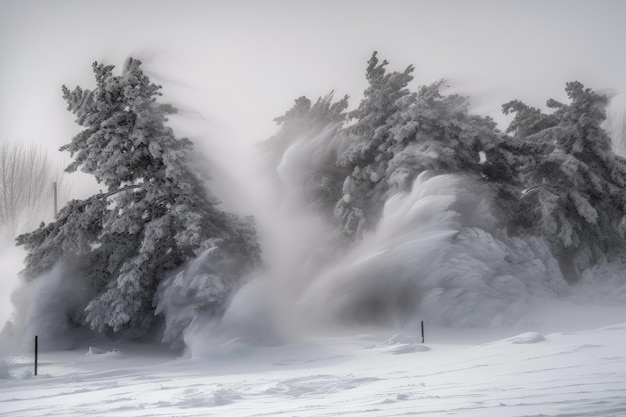 Ein Schneesturm aus Schnee und Eis wirbelt im Wind und bedeckt alles, was mit generativer KI geschaffen wurde