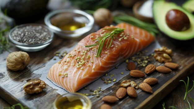 ein Schneidbrett mit einem Stück Lachs und Nüssen darauf