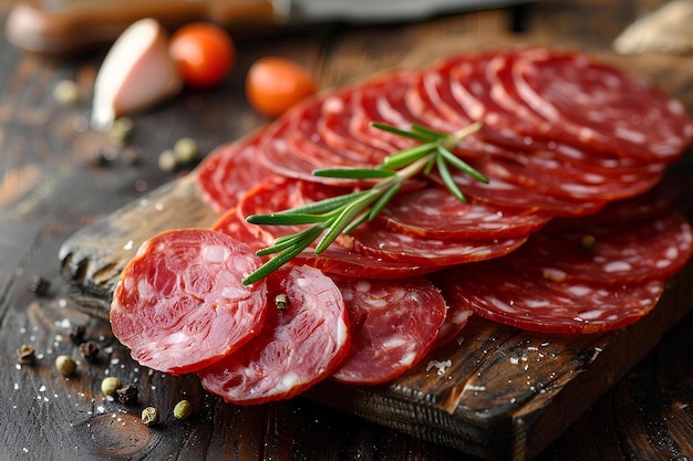 Ein Schneidbrett mit geschnittenem Fleisch und Kräutern darauf und ein Messer daneben auf einem Tisch mit Tomaten und