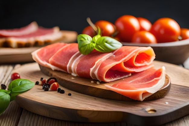 Ein Schneidebrett mit frischem Fleisch und Tomaten darauf