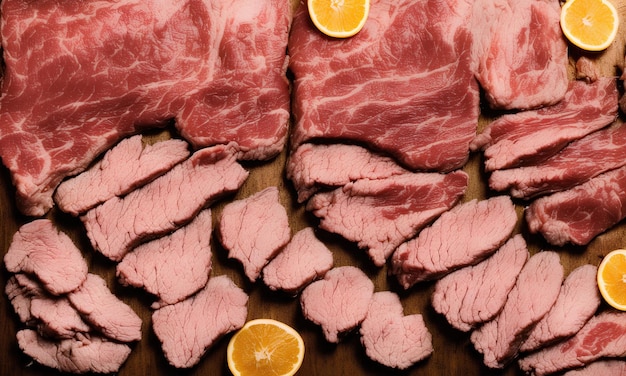 Ein Schneidebrett mit geschnittenem Fleisch und Orangenscheiben darauf