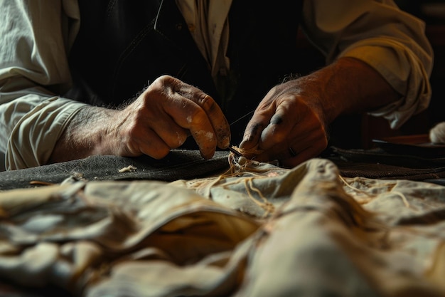 Ein Schneider repariert ein zerrissenes Kleidungsstück und betont die Reparatur und Änderung der Kleidung