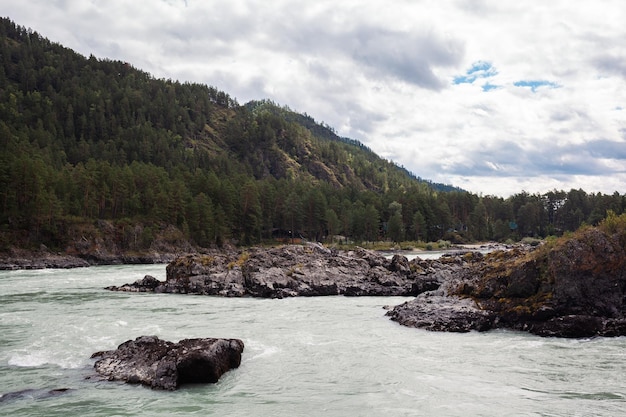 Ein schnell fließender breiter und voll fließender Gebirgsfluss. Große Felsen ragen aus dem Wasser.