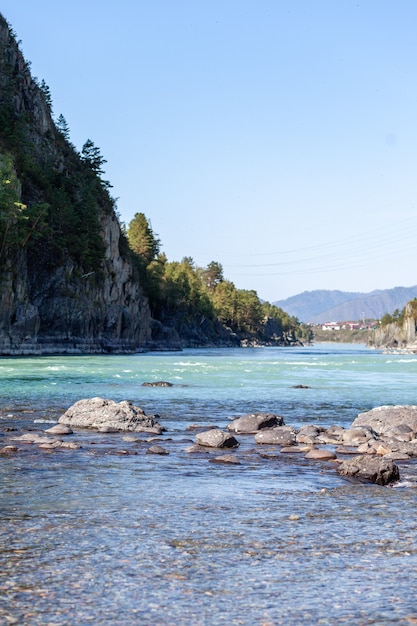 Ein schnell fließender breiter und voll fließender Gebirgsfluss. Große Steine ragen aus dem Wasser. Big Mountain River Katun, türkisfarbene Farbe, im Altai-Gebirge, Republik Altai.