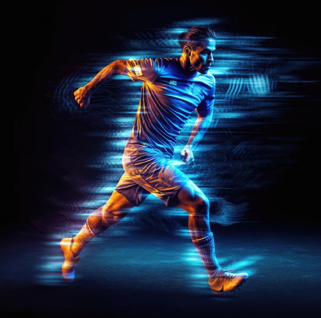 Ein schnell laufender Fußballspieler, dessen Körper blaues Licht ausstrahlt