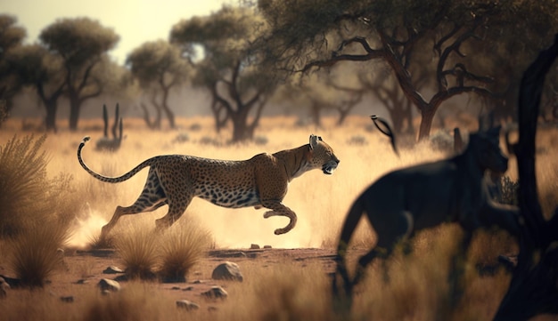 Ein schneller Leopard jagt einen Impala in der Savanne Ai Generative