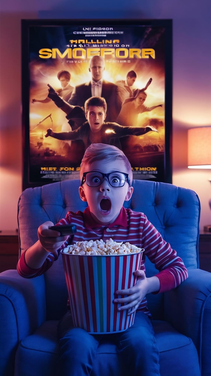 Foto ein schockierter junge mit brille, der sich darauf vorbereitet, den film zu sehen
