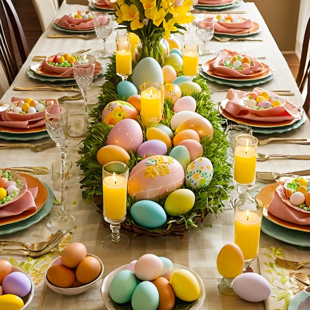 ein schön geschmückter Tisch für ein Osterfest mit einem Mittelstück aus geschmückten Eiern und einem Schinken