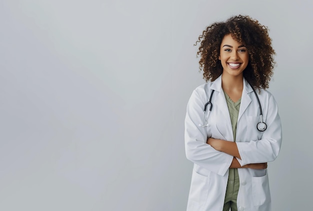 Ein schöner afroamerikanischer, glücklicher Arzt in medizinischer Uniform trägt generative KI