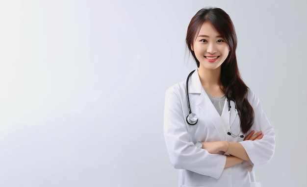 Ein schöner asiatischer, glücklicher Arzt in medizinischer Uniform trägt generative KI